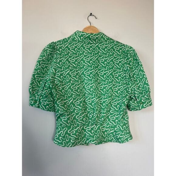 NEW LK Bennett Esme Ribbon Print Collared Short Sleeve Woven Top Green Size: 4 - Picture 7 of 8